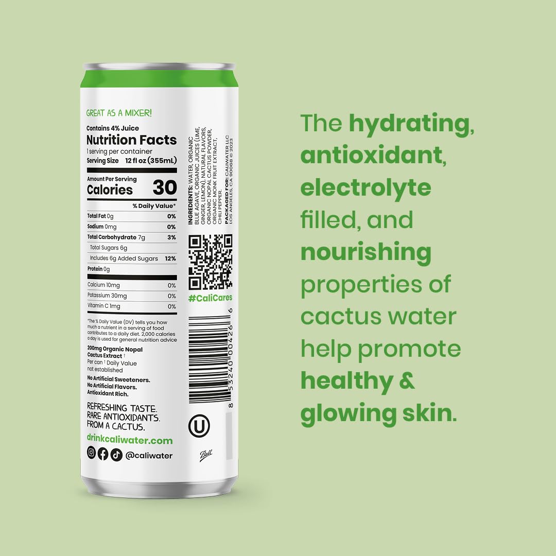 Caliwater - Organic Cactus Water - Ginger And Lime - 5G Sugar, 25 Calories - Coconut Water Alternative - Natural Plant Based Hyd