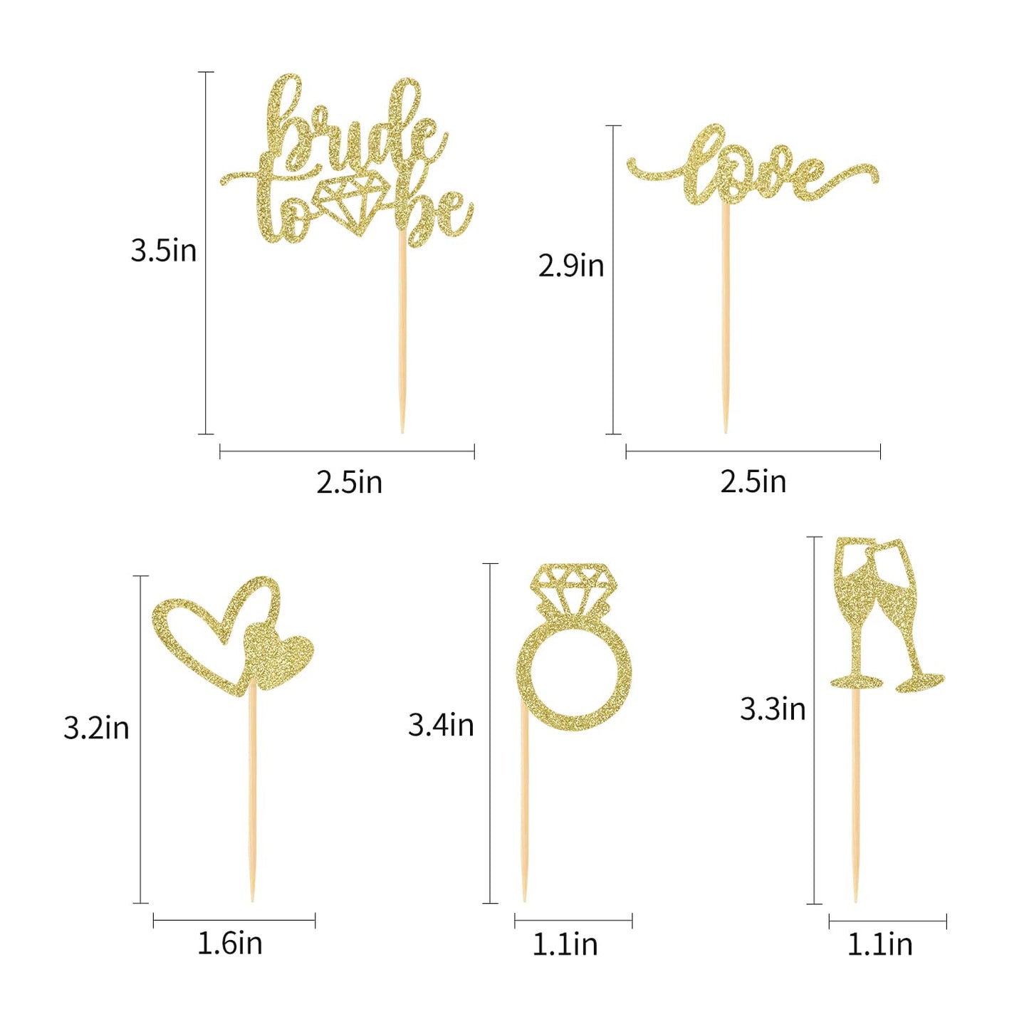 Hengmerry 35 PCS Glitter Diamond Ring Cupcake Toppers, 2.5x3.5, Bamboo, Gold for Bridal Shower Wedding Engagement Party