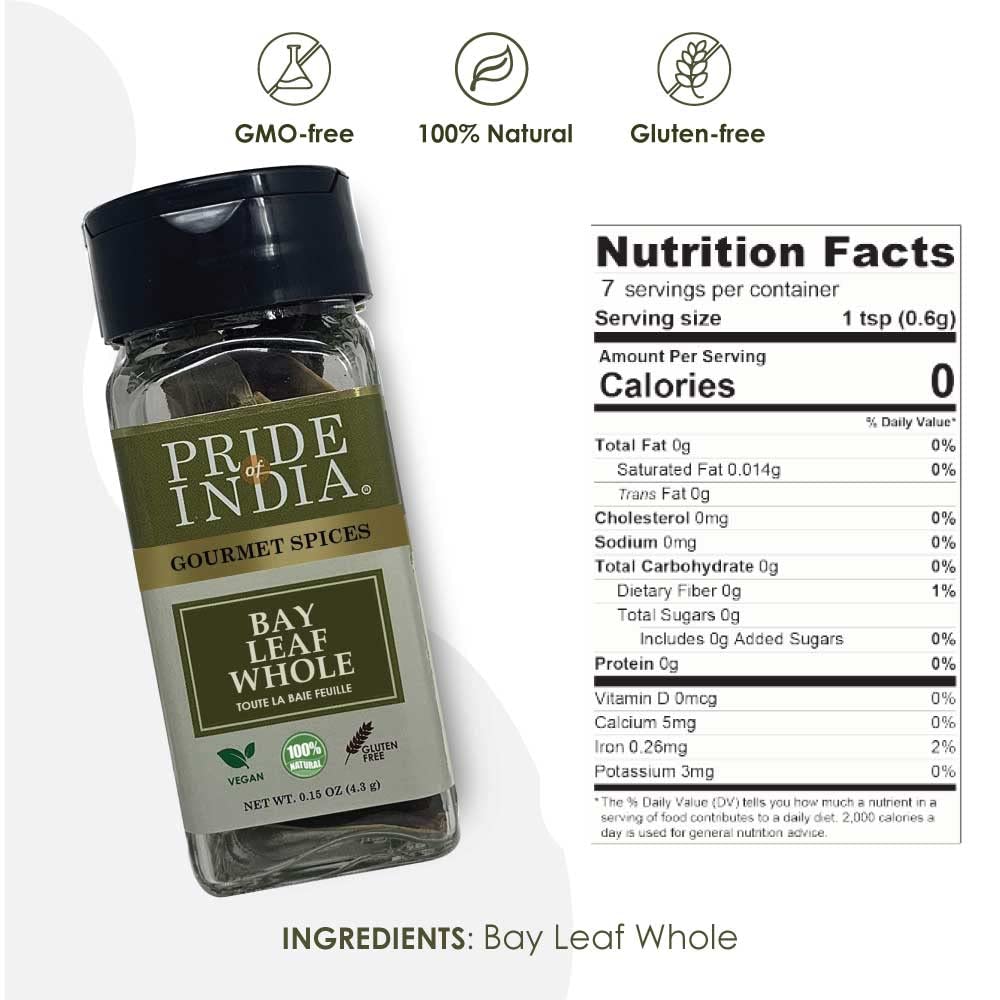 Pride Of India ?Bay Leaf Whole ?Authentic Indian Culinary Spice/ Premium Quality ?Gourmet & Preservatives Free ?Easy To Use ?0.1