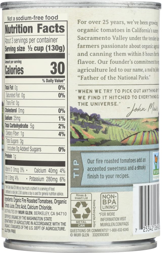 Muir Glen Organic Diced Fire Roasted Tomato No Salt 14.5 Ounce (Pack of 12)