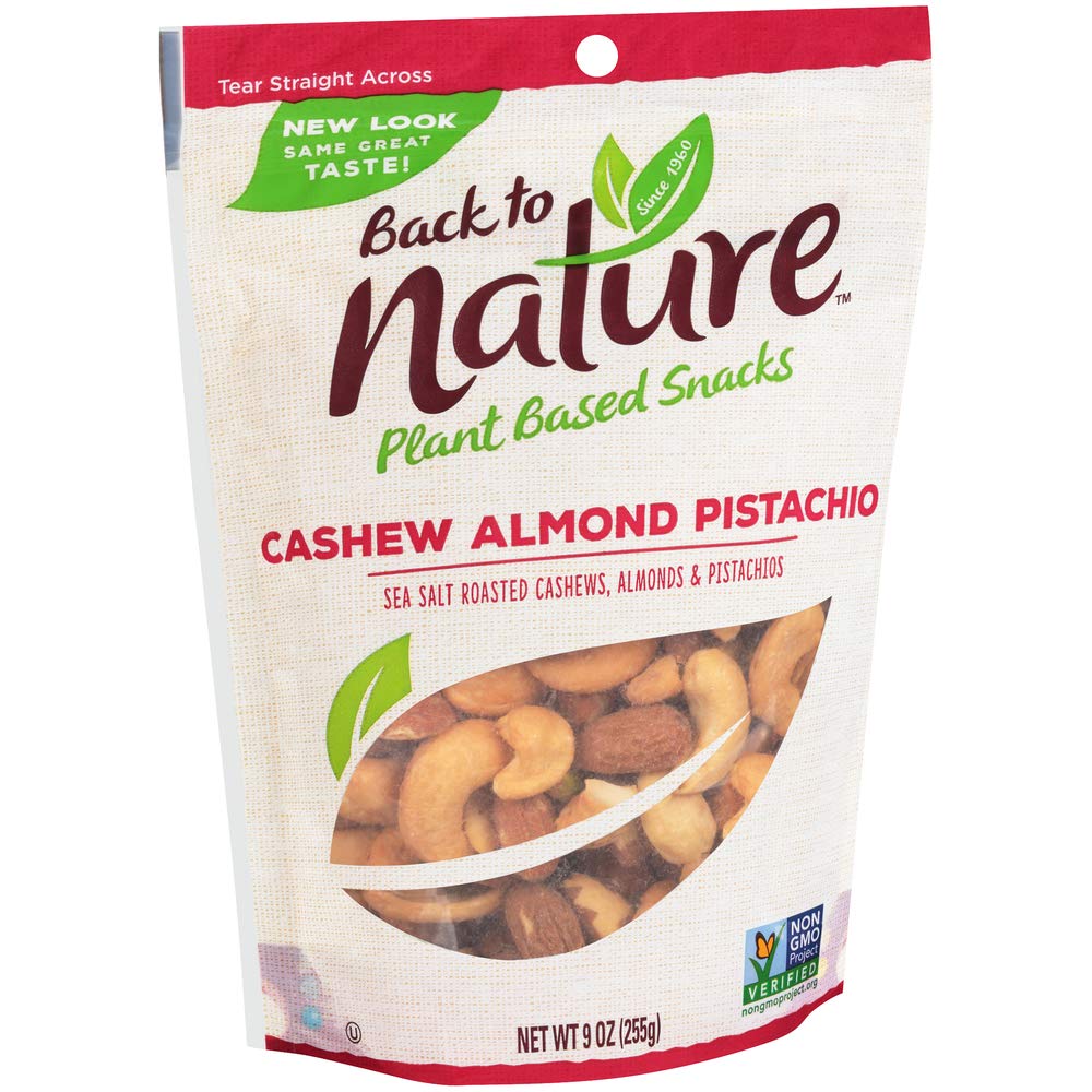 Back To Nature Premium Nut Mix - Cashew, Almond & Pistachio Blend, Dry Roasted With Sea Salt, Non-Gmo High Protein Snacks, 9 Ounce (Pack Of 9)