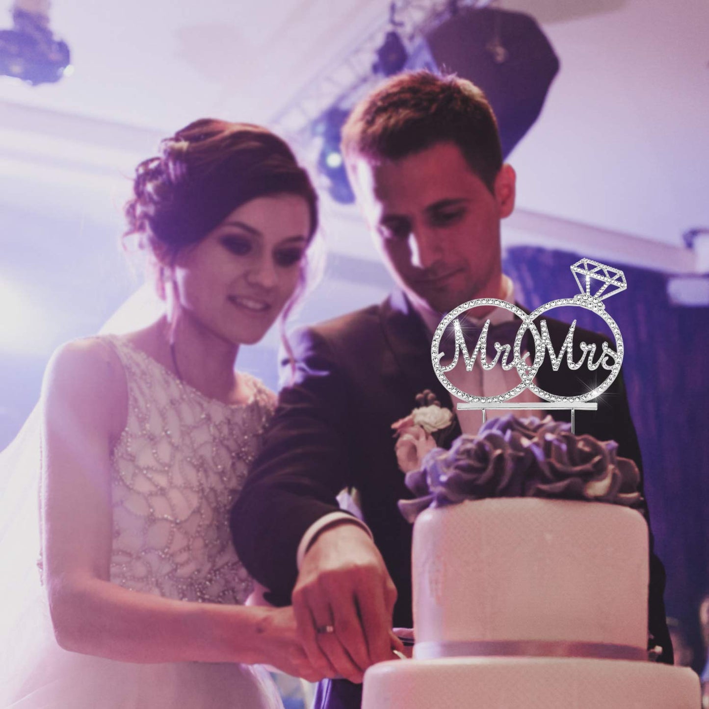 Mr & Mrs Cake Topper For Wedding Anniversary Rings Crystal Rhinestone Party Decoration (Silver)
