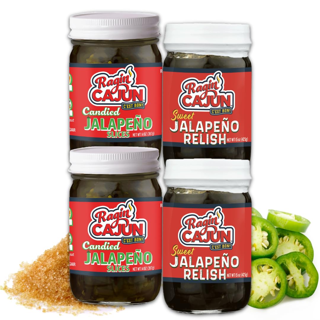 Jalapeo Variety Pack - Candied Jalapeo Slices 14 oz (2) + Sweet Jalapeo Relish 15 oz (2), Louisiana Condiments by Ragin Cajun