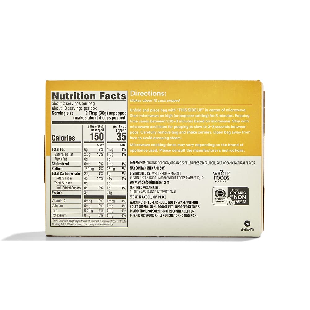 365 by Whole Foods Market Organic Microwave Popcorn, 10.5 OZ - Healthy Snack, Non-GMO, Perfect for Movie Nights
