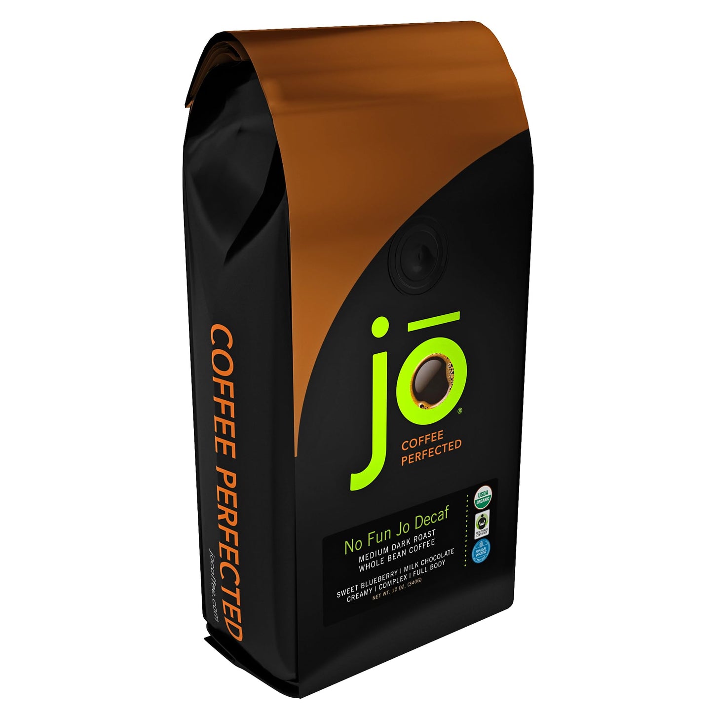 No Fun Jo Decaf: 12 Oz, Organic Decaf Coffee, Swiss Water Process, Fair Trade Certified, Medium Dark Roast, Whole Bean Arabica C