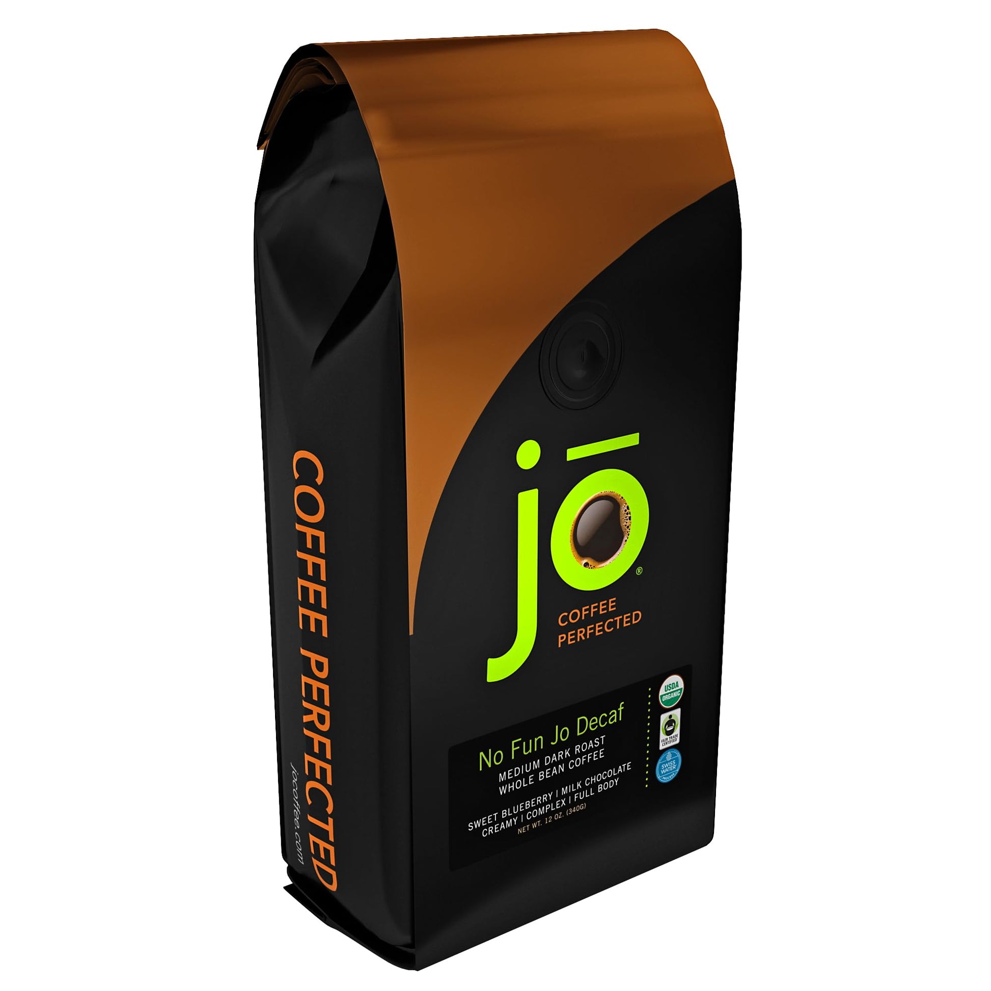 No Fun Jo Decaf: 12 Oz, Organic Decaf Coffee, Swiss Water Process, Fair Trade Certified, Medium Dark Roast, Whole Bean Arabica C