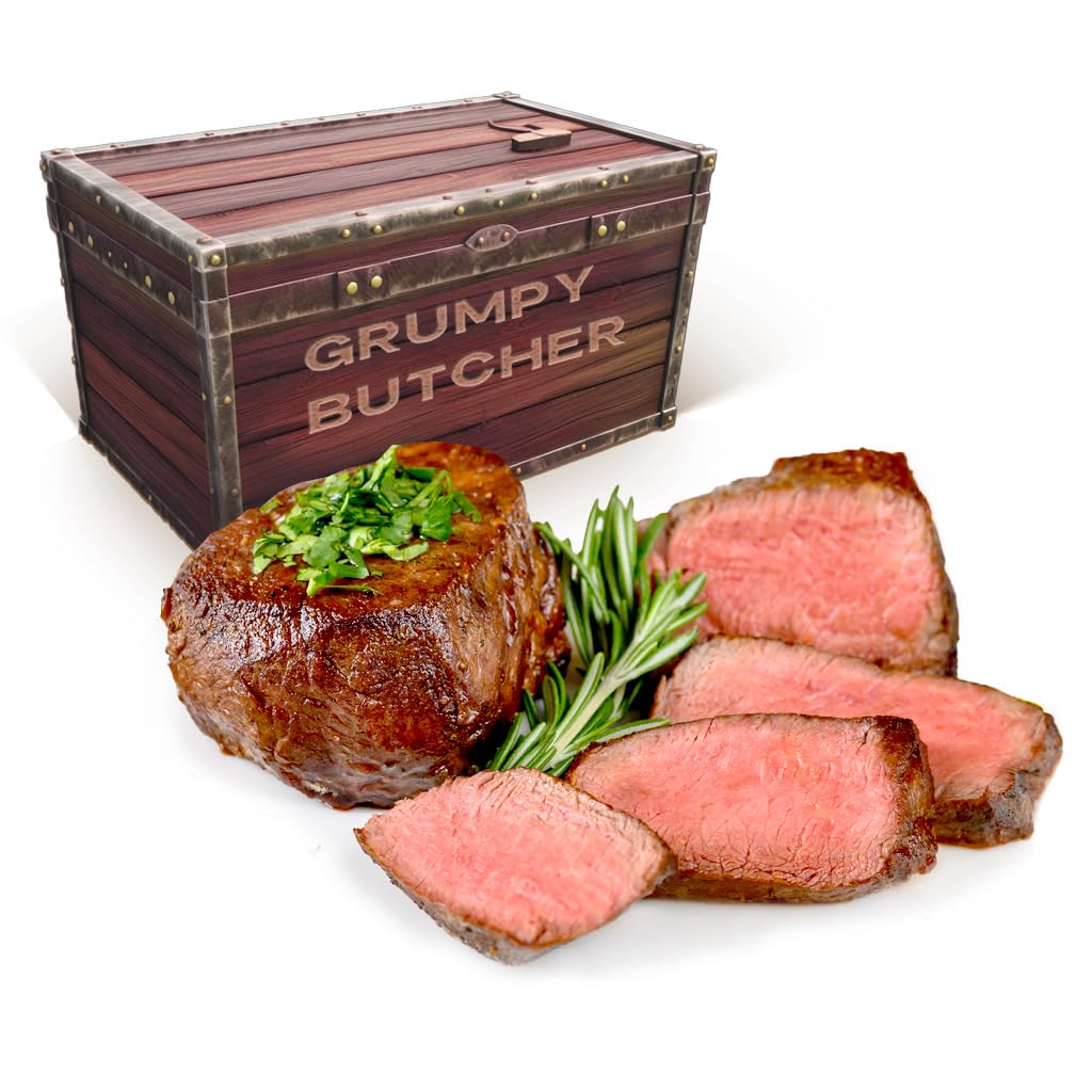 Grumpy Butcher Large Filet Mignon Steaks, 6 Pack (8 Oz Each) - Prime Steak House Size Beef Tenderloin Center Cut -With Steaks Gi