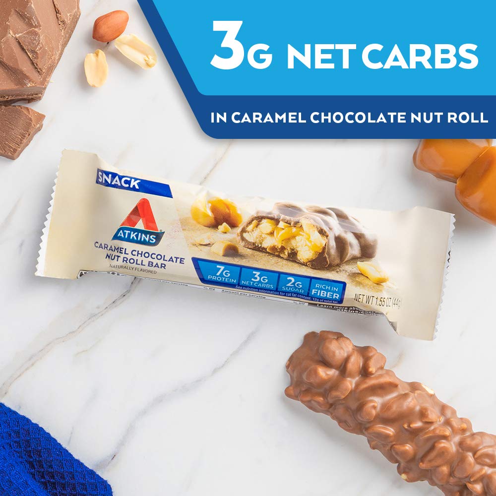 Atkins Caramel Chocolate Nut Roll Snack Bar, Protein Snack, High in Fiber, 2g Sugar, 8 Count