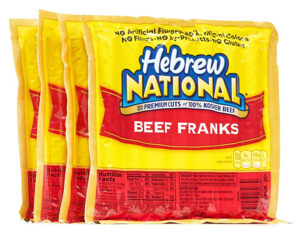 Hebrew National Beef Franks, 12 Oz (4 Pack) - 28 Total Hotdogs, Fully Cooked, Premium Quality, Perfect for Grilling and BBQs