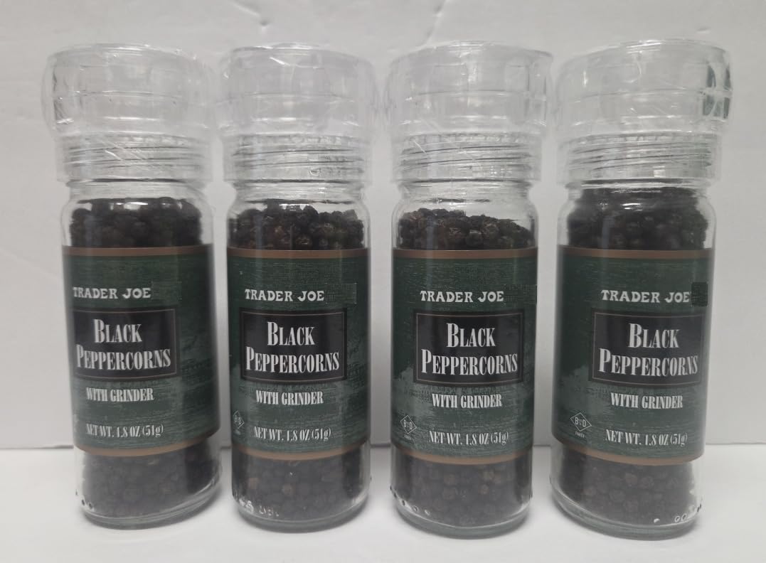 Trader Joe Black Peppercorns with Built-in Grinder 1.8oz 51g (Four Bottles)