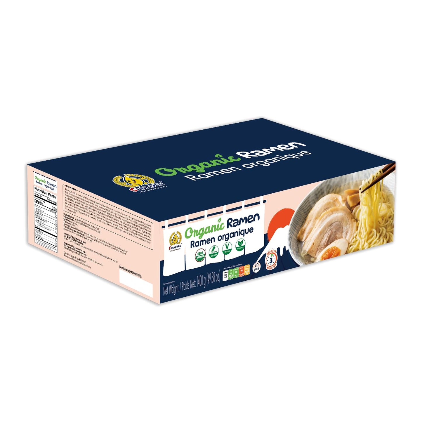 SUNGIVEN Organic Ramen Noodles Healthy Low Sodium Ready in 3 Minutes Non-Fried Instant No Additives or Preservatives 2.47 OZ (Pack of 20) 49.38 Oz