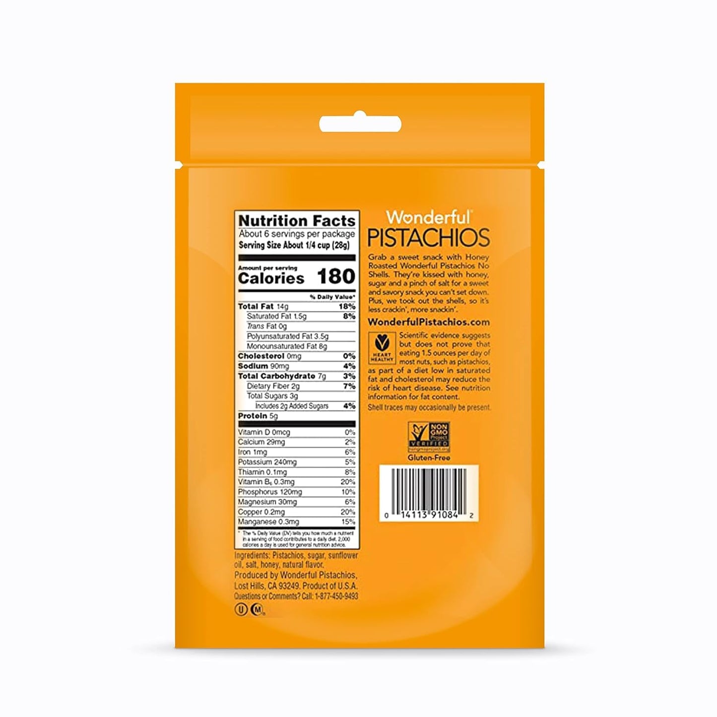 Wonderful Pistachios No Shells, Honey Roasted Nuts, 5.5 Ounce Resealable Bag, Protein Snacks, Gluten Free, Healthy Snacks