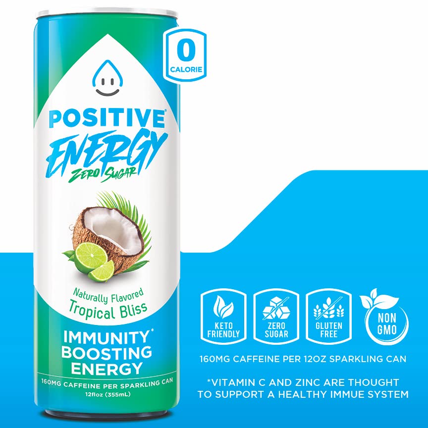 POSITIVE ENERGY Positive Energy Drink - Crankin' Colada, Zero Sugar & Calories, 12oz Cans (Pack of 12), Hydrating Electrolytes, Immunity Support