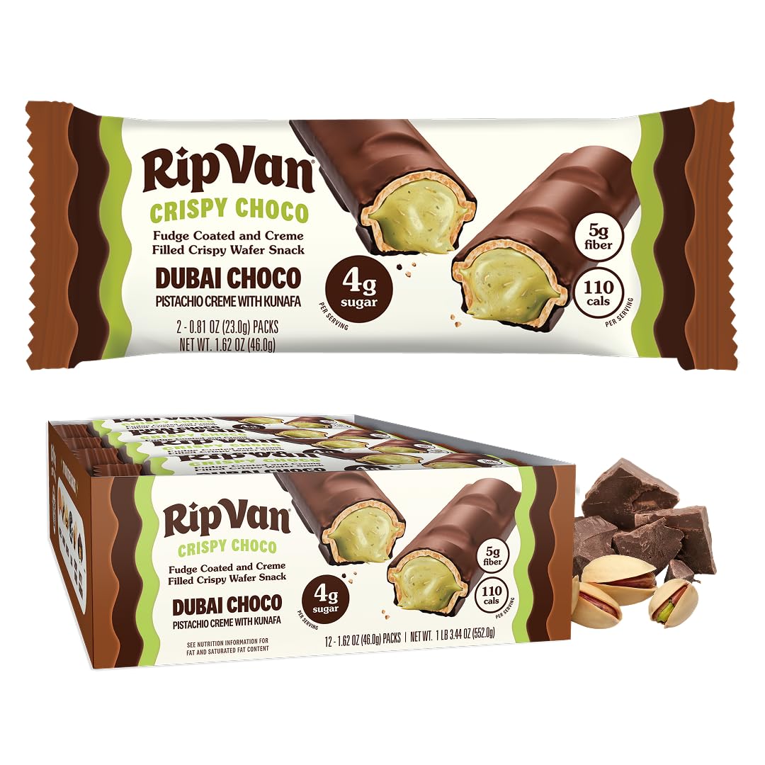 Rip Van Dubai Chocolate Bar Crispy Choco - Healthy Snack With Creamy Pistachio & Toasted Kunafa - Dubai Choco Flavor - 4G Sugar 5G Fiber - Guilt-Free Indulgence - 12 Pack
