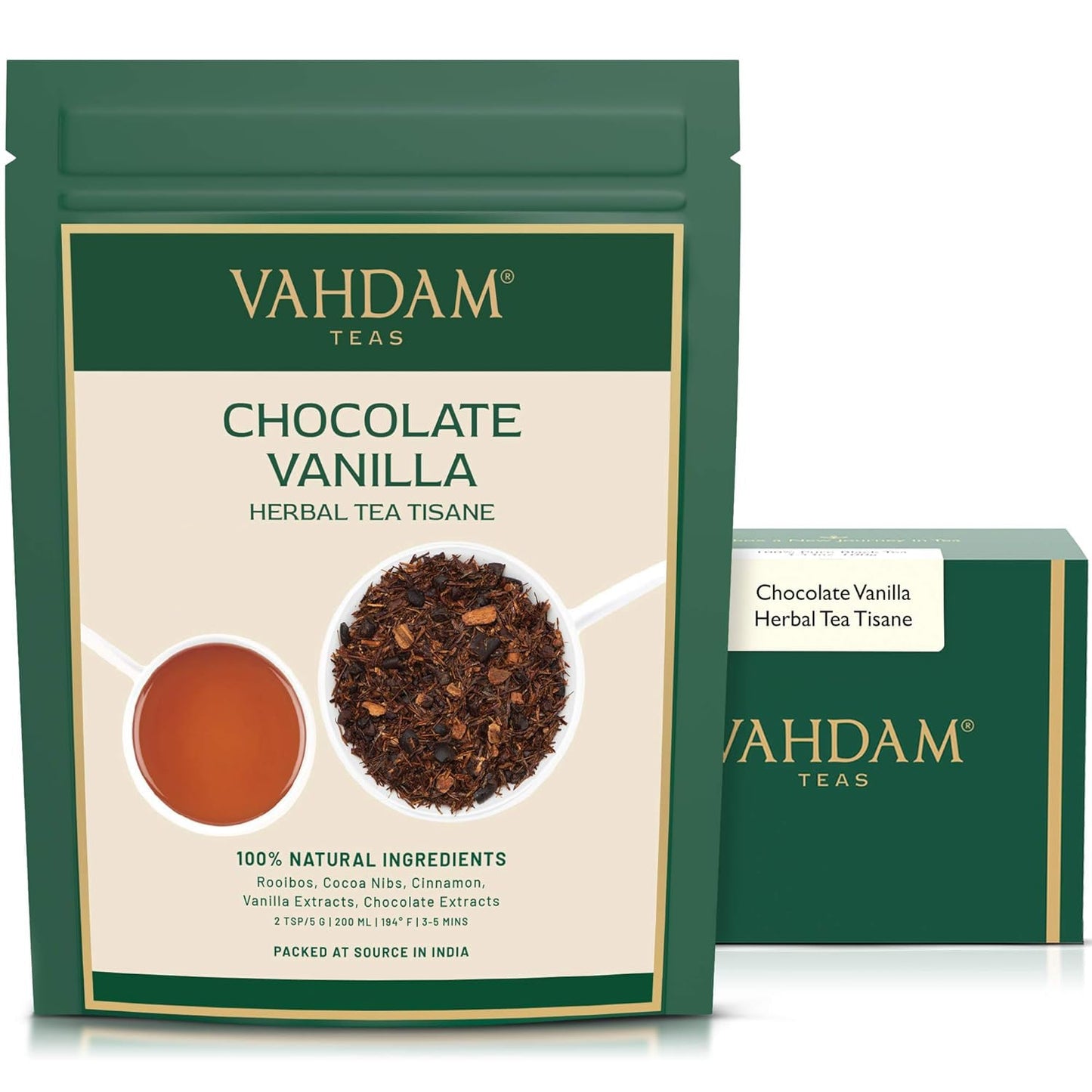 Vahdam Chocolate Vanilla Herbal Tea (3.5 Oz 50+ Cups) | Rooibos Chocolate Vanilla | Loose-Leaf Vacuum Sealed For Freshness