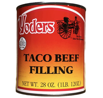 Fresh beef filling is used to make Yoder's Real Canned Taco Beef, which is fully cooked and ready to eat. Each 28-ounce can is d