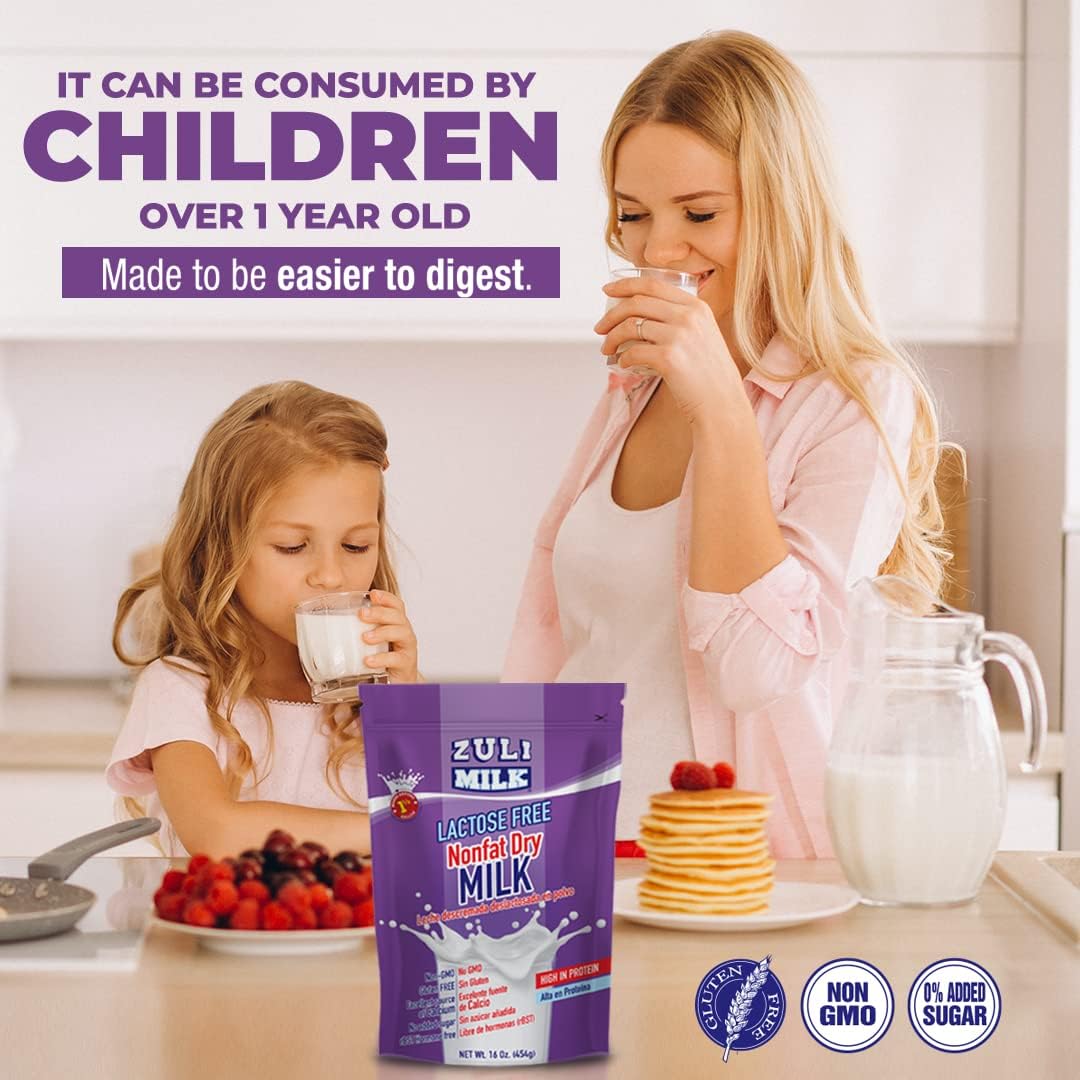 ZULI MILK Nonfat Dry Milk Powder - Fat Free, Lactose Free, Non-GMO, Good Source of Protein & Calcium - 16oz Pack
