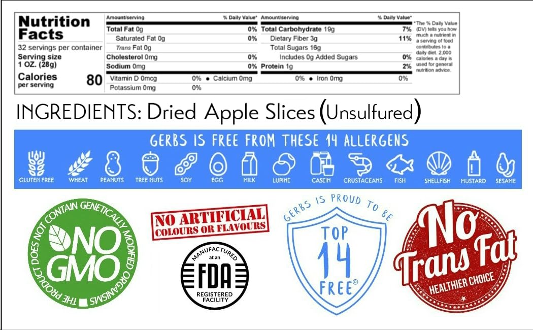 Gerbs Dried New England Apple Slices - 2 LBS. - No Sugar Added, Unsulfured & Preservative Free - Top 14 Allergy Free & NON GMO -