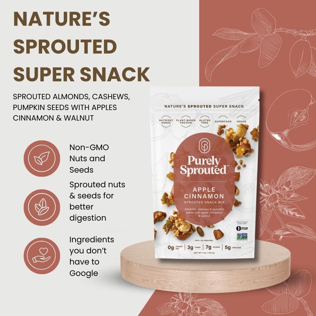 Purely Sprouted Apple Cinnamon Snack Mix: Vegan, Gluten-Free, And Non-Gmo Blend For A Healthy Crunch! (4 Oz, 6 Pack)