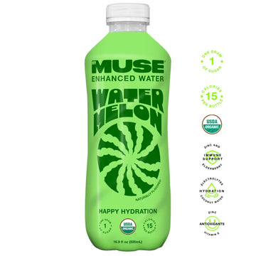 MyMuse Organic Enhanced Flavored Water, Watermelon, 16.9oz Bottle (12 pack), 1G of Sugar, Immune Support with Zinc & Elderberry,