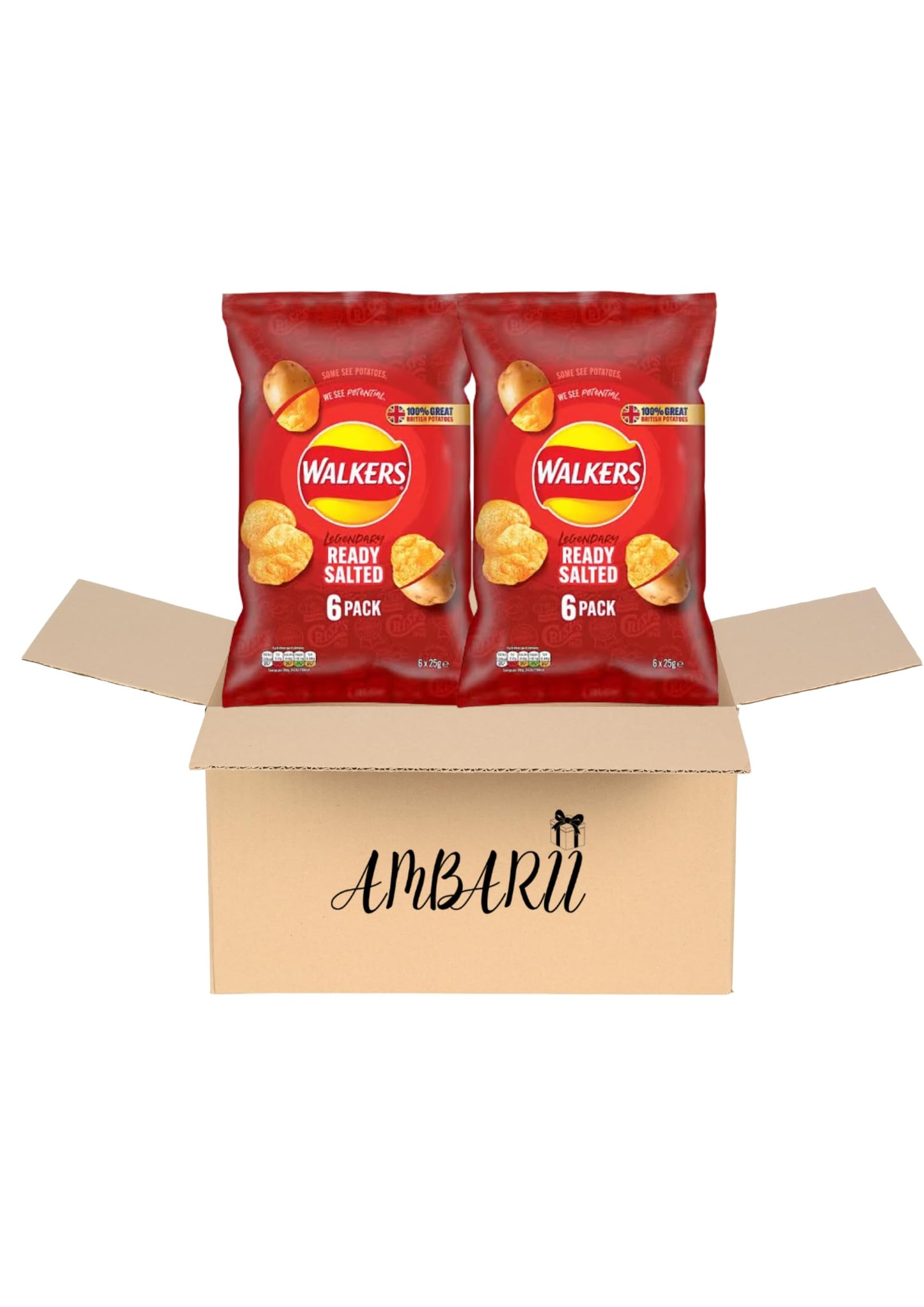 AMBARII Walkers Ready Salted Potato Crisps, Classic Chips, 25g Snack Size, 12 Count Multi Pack