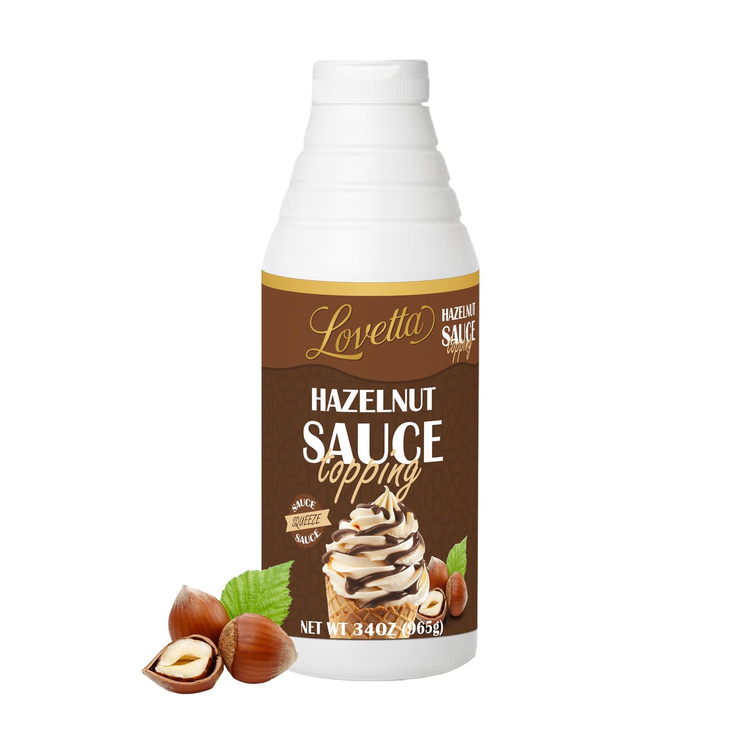 Lovetta Hazelnut Chocolate Sauce Bulk 34Oz (1L) Bottle - Smooth Gourmet Hazelnut & Milk Chocolate Dessert Drizzle Rich Nutty Topping For Crepes Waffles Ice Cream Coffee & Pastries - Ready To Use