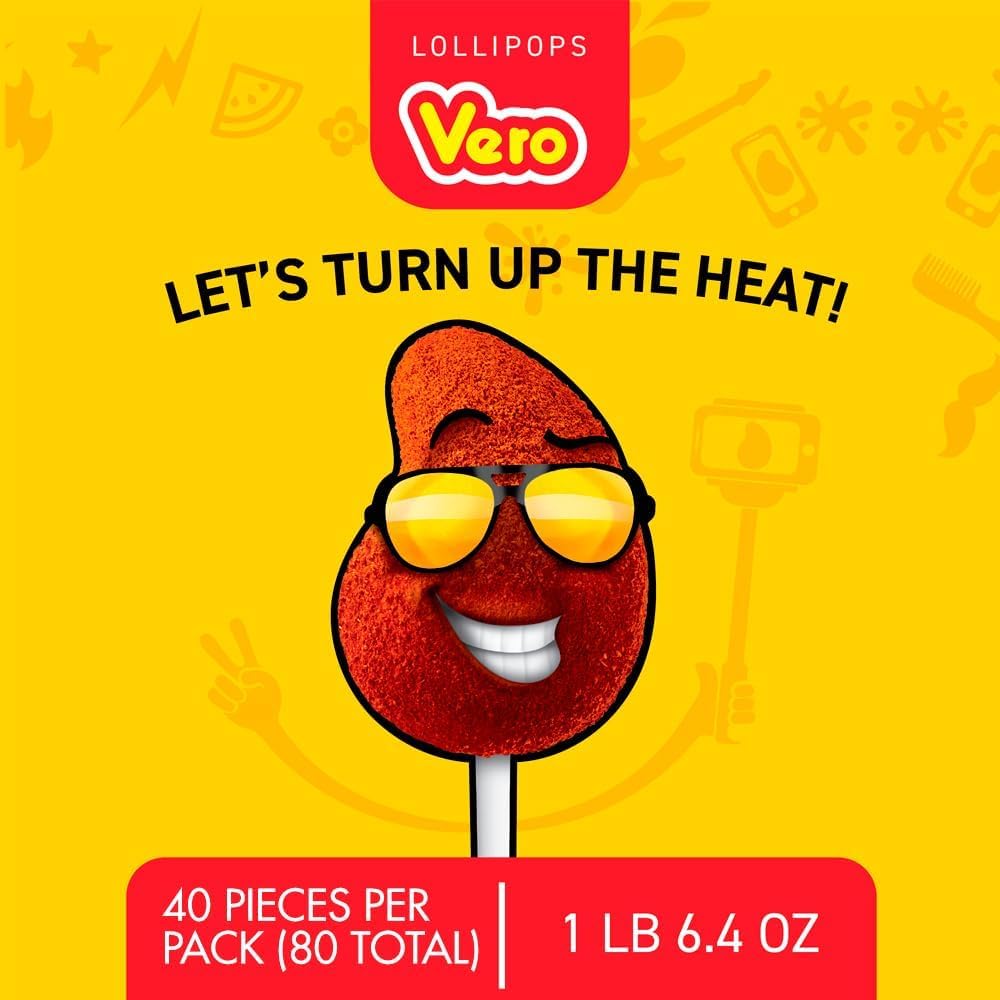 Vero Mango Flavored Lollipops Covered in Chili Powder 40 Count Bag (Pack of 2 - Net Wt. 22.4 Ounces Each) - Individually Wrapped