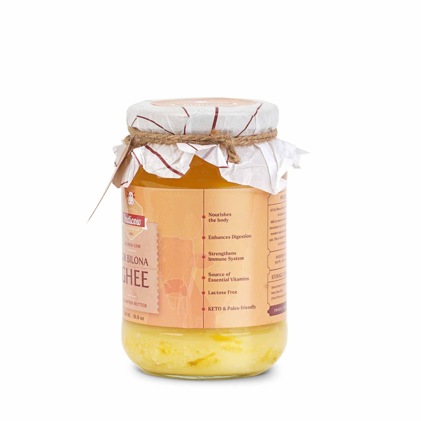 Indicow A2 Desi Cow Ghee, Grass Fed Clarified Butter, 500ml (16.91oz), Gir Cow Ghee, Non-GMO, Keto, Paleo, Lactose Free
