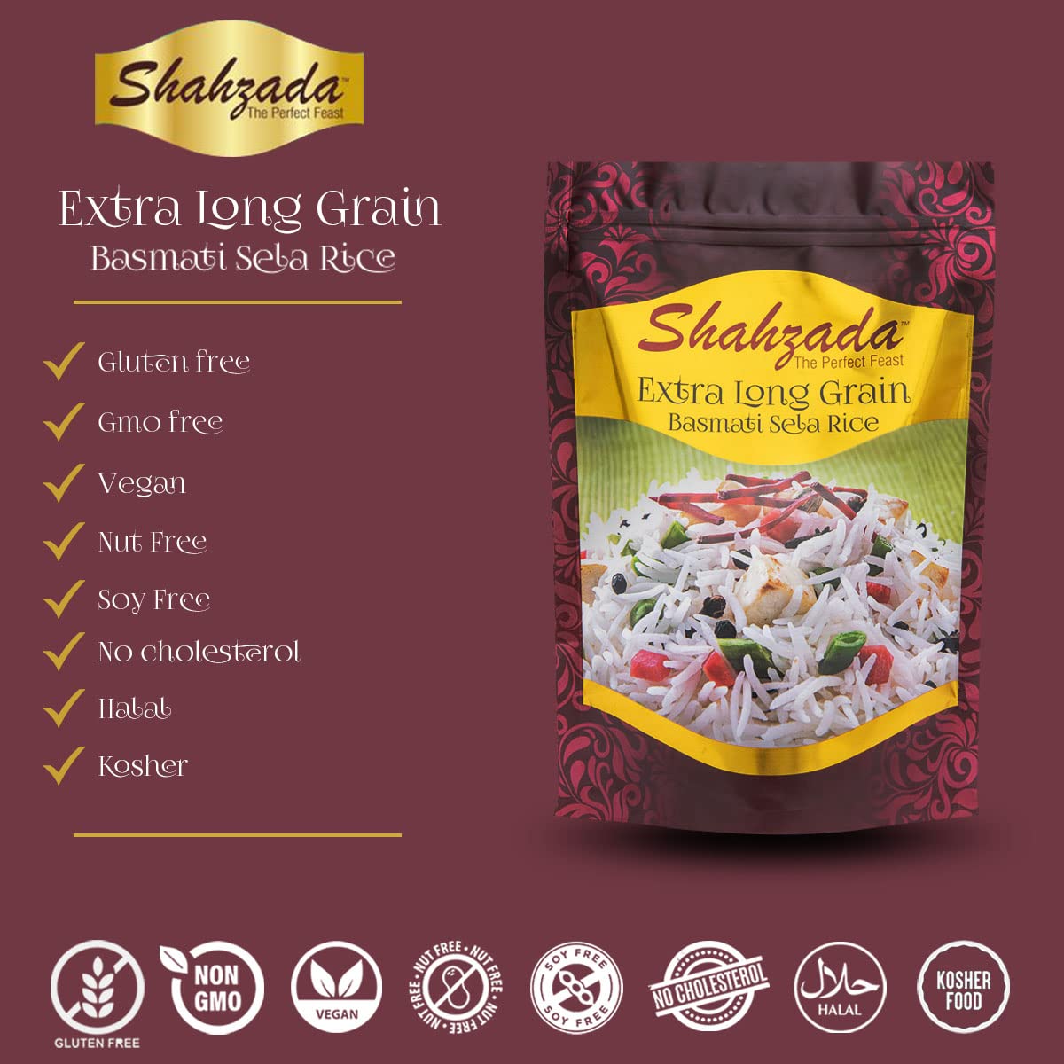 Shahzada Basmati Sela Rice, Extra Long Grain, 2 lbs, Non-GMO, Vegan, Gluten Free, Resealable Zip-Lock Bag, White