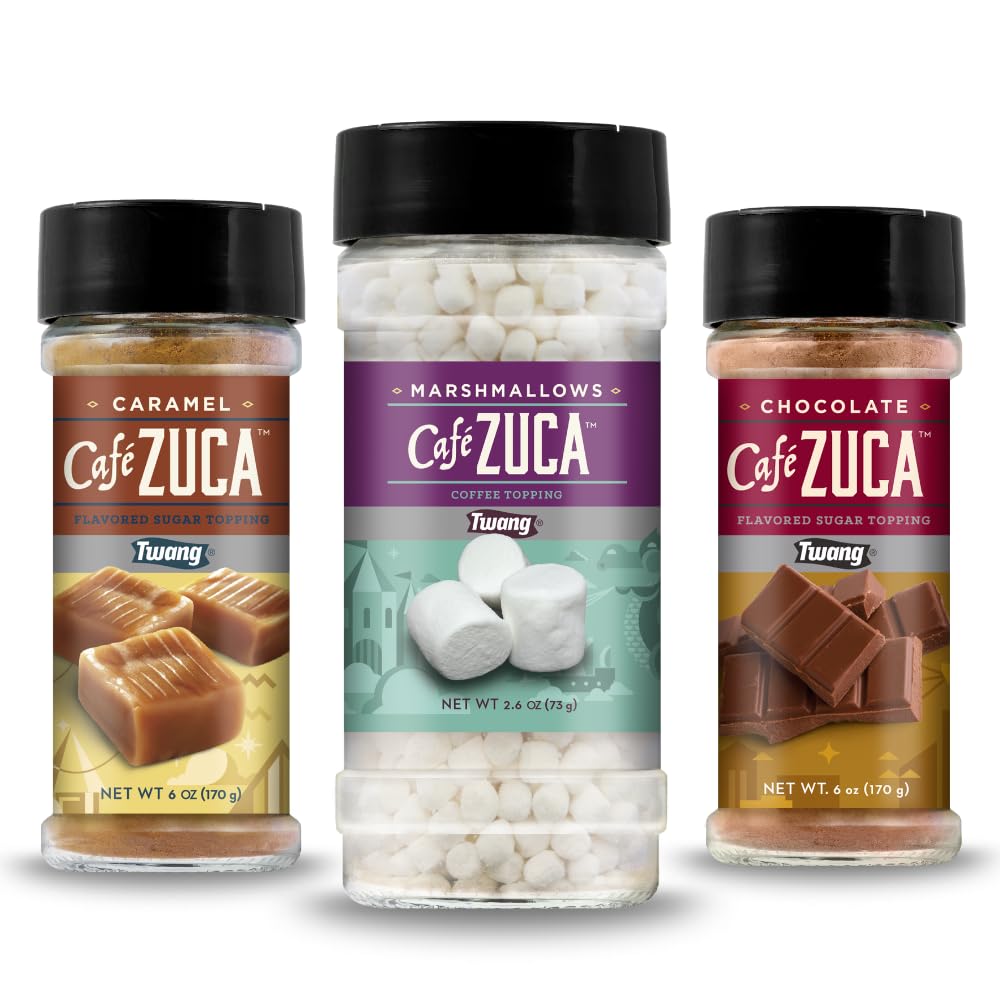 Cafe Zuca Gift Set - Chocolate & Caramel Flavored Sugars (6 Oz Each) + Dehydrated Mini Marshmallows (2.6 Oz) - Gourmet Topping Trio For Coffee Cocoa Desserts & Baking - Perfect For Gifts & Diy Drink Bars
