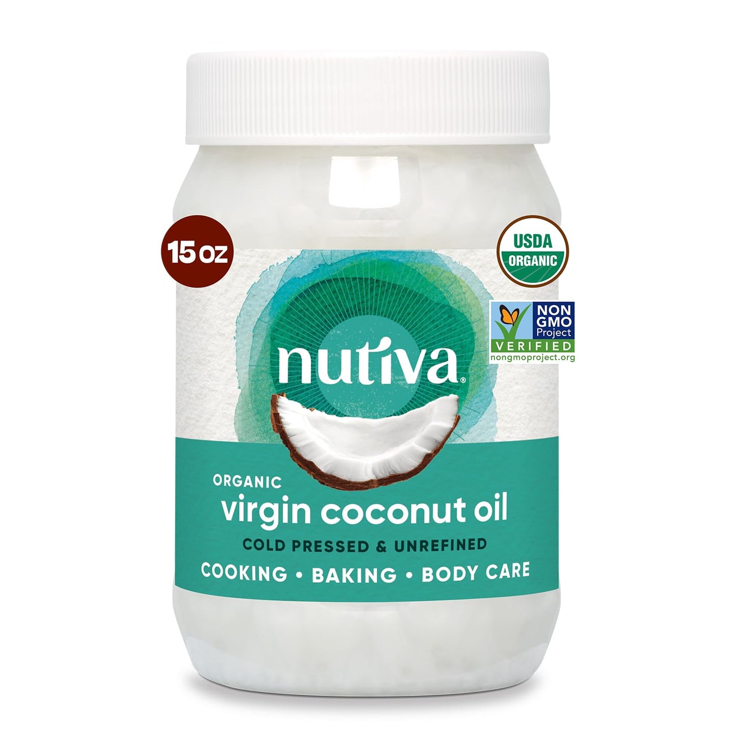 Nutiva Organic Coconut Oil 15 fl oz, Cold-Pressed, Fresh Flavor for Cooking, Natural Hair, Skin, Massage Oil and, Non-GMO, USDA