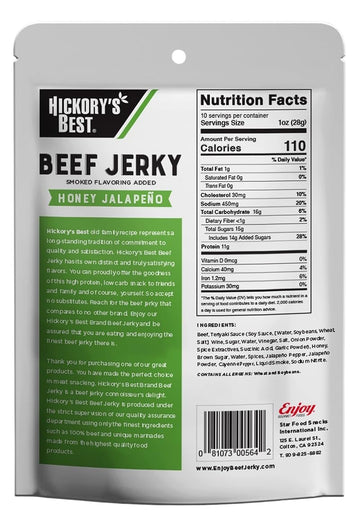 Hickory's Best Honey Jalapeno Beef Jerky, 10 oz - Soft & Tender, High Protein, Low Fat, USA Made, Resealable Bag
