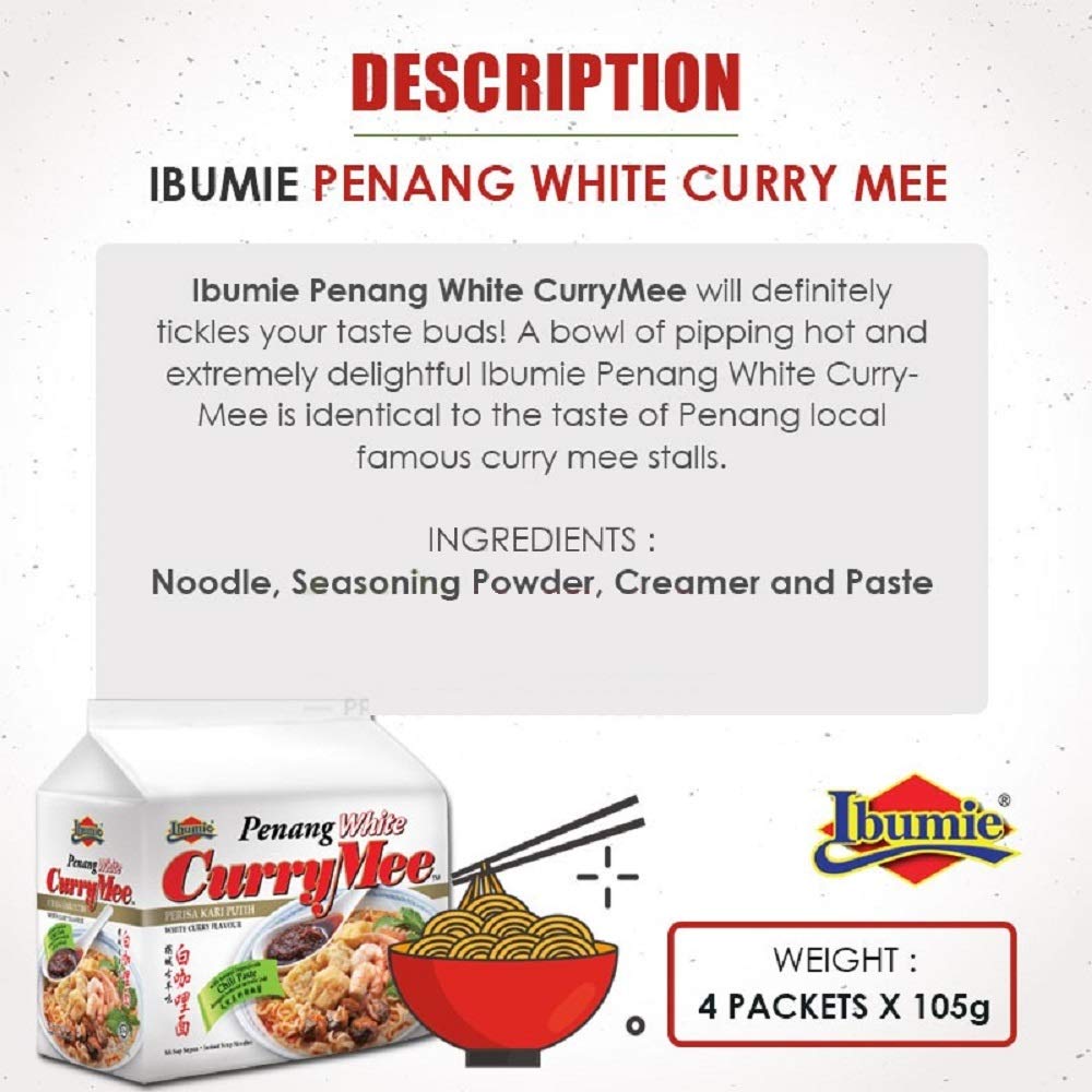 Ibumie Penang White Curry Mee - Fragrant & Spicy, Creamy Broth, 4 Pack (3.7 oz each) - Authentic Malaysian Flavor