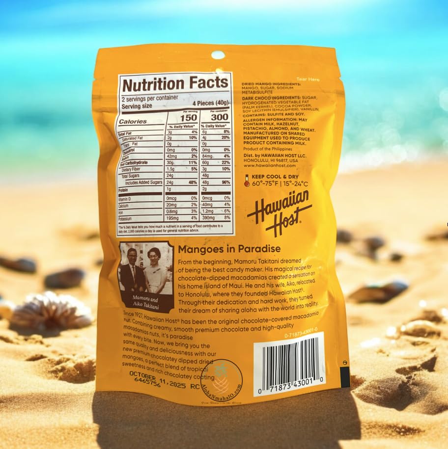 Hawaiian Host Choco Mango - Dark Chocolate Dipped Dried Mango Slices - Tropical Gourmet Snack - 2.8Oz (80G) - Individually Wrapp