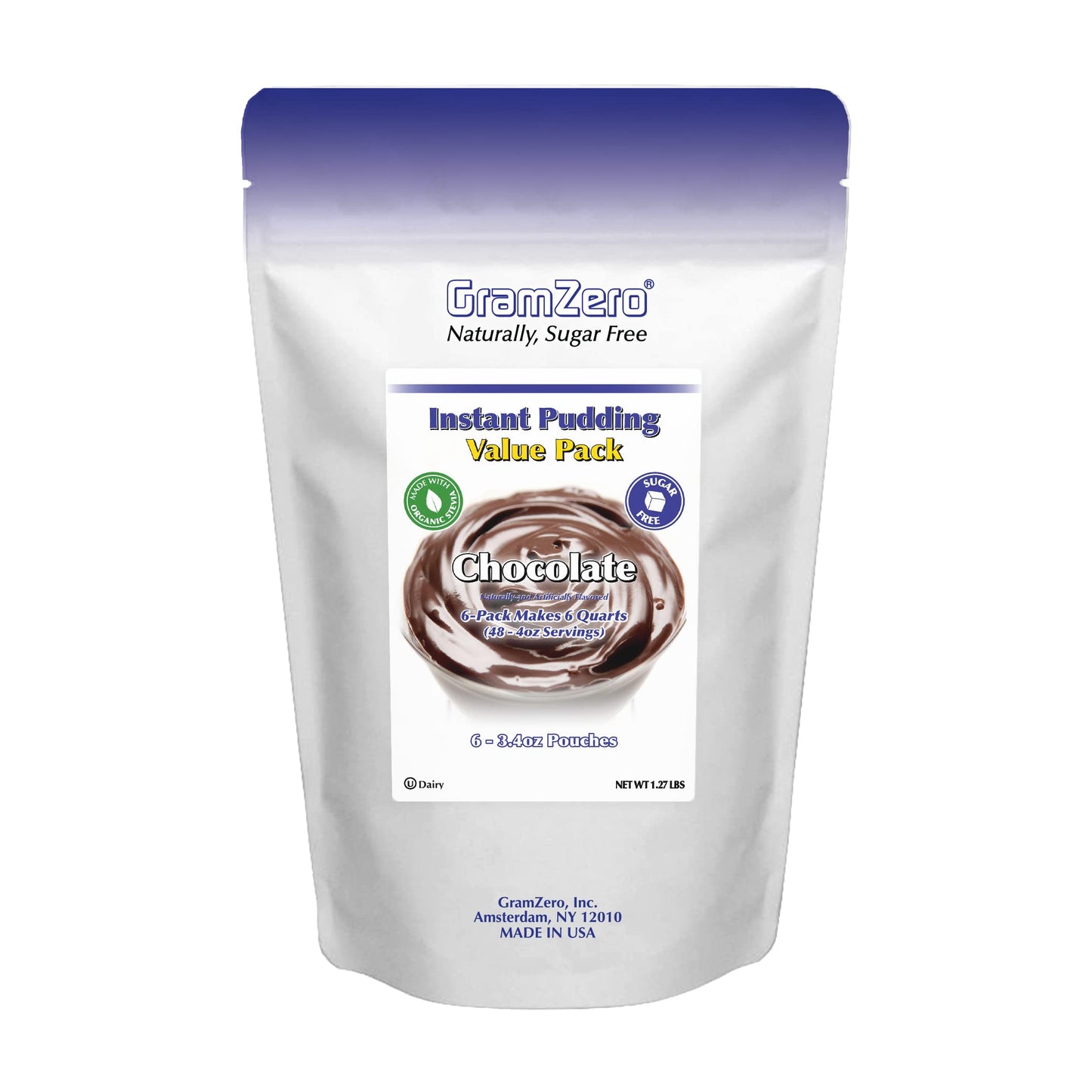 Gramzero Chocolate Sugar Free Pudding Mix 6-Pack, Great For Nutrition Club Meal Replacement Shakes, Low Calorie Dessert, Stevia