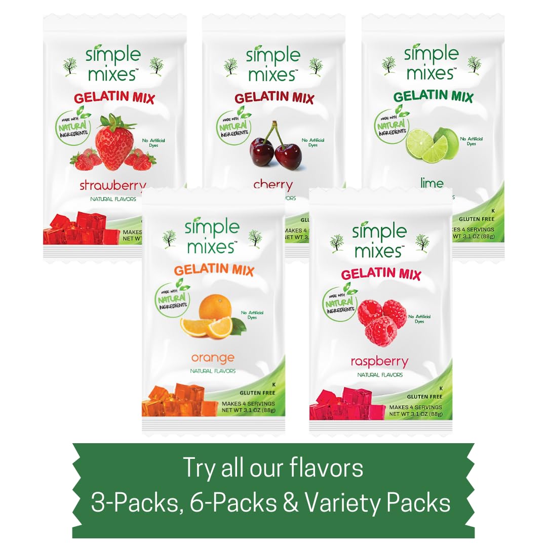 Simple Mixes Natural Gelatin Dessert, Variety Pack, Strawberry, Orange, & Lime, Healthy Snack, Dye-Free, No Gluten or Fat, Koshe