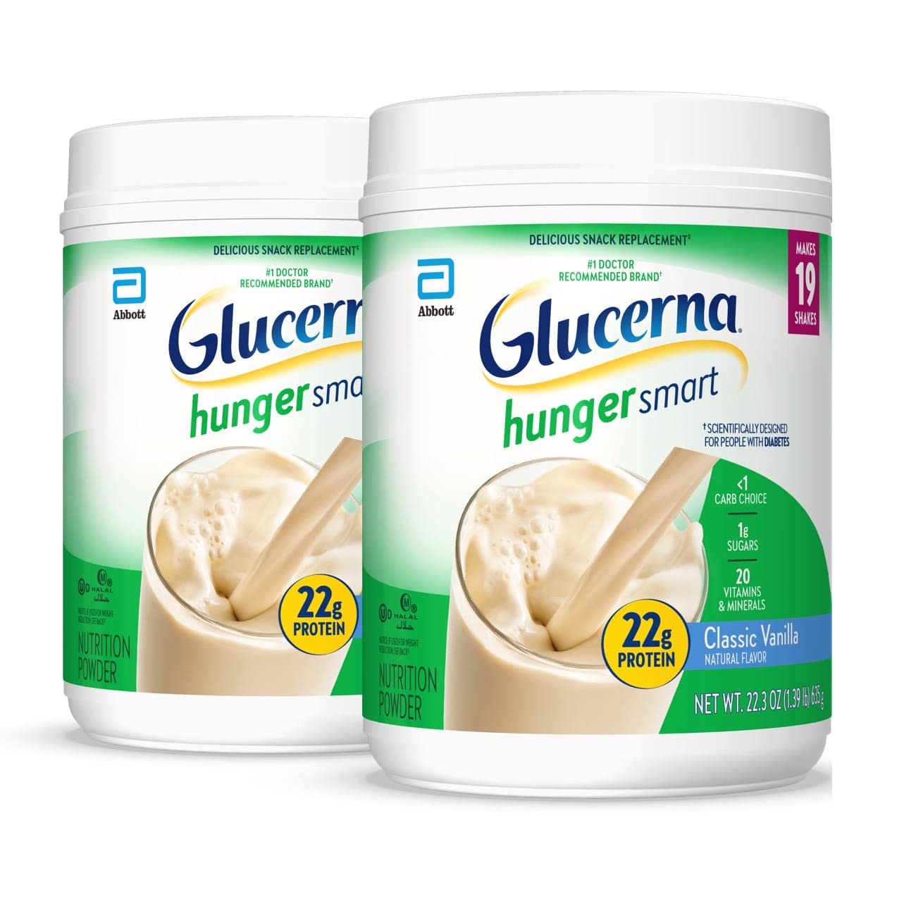 Glucerna Hunger Smart Powder, Diabetic Drink, 22g Protein, Classic Vanilla, 22.3 oz Tub, Pack of 2