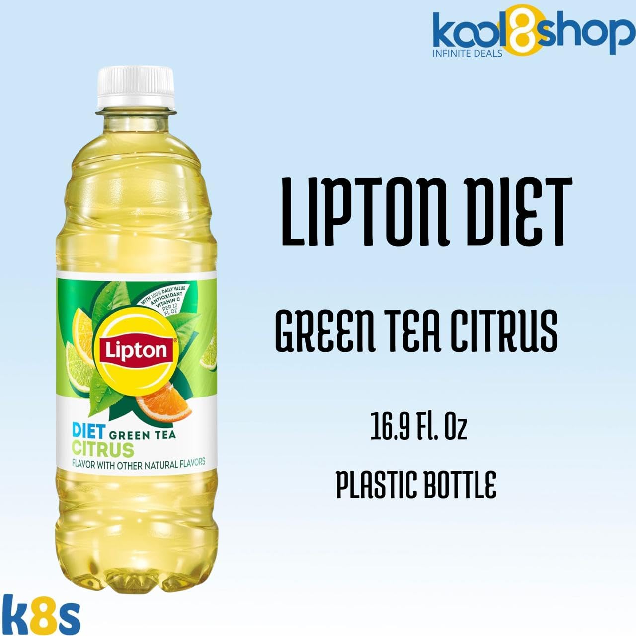 Lipton Diet Citrus Green Tea, 16.9 fl oz Plastic Bottles, 12 Pack + 15 Sugarcane Straws - Refreshing Beverage for Healthy Living