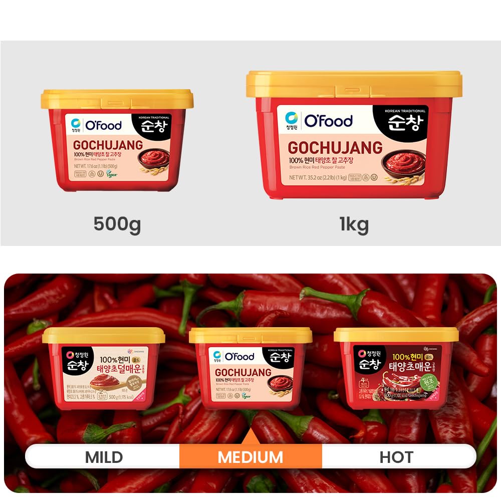 Chung Jung One O'Food Medium Gochujang 2.2Lb, Korean Red Chili Pepper Paste, Spicy, Sweet And Savory Sauce, Traditional Fermented Condiment, 100% Brown Rice, No Corn Syrup