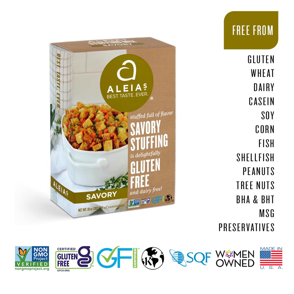 Aleia'S Best. Taste. Ever. Savory Stuffing Mix - 10 Oz / 2 Pack – Authentic Taste, Classic Stuffing For Gluten Free Recipes, Certified Gluten Free, Non-Gmo, Corn Free, Soy Free, Dairy Free, Low Sodium, Kosher