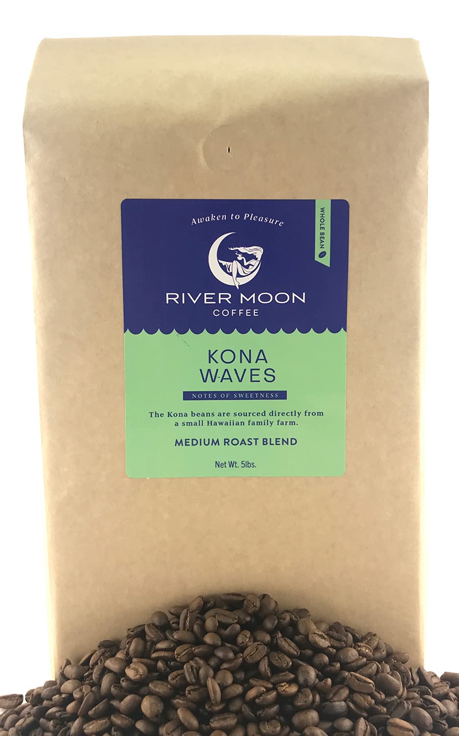 River Moon Coffee, Kona Coffee Whole Bean, Medium Roast, 5 Lbs, Kona Waves Hawaiian Blend, Sustainably Farmed, 100% Arabica