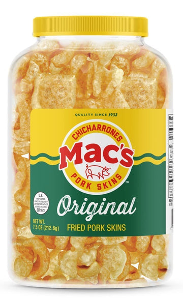 Macs Original Pork Skin Canisters, Organic, Gluten Free, Zero Carbs, Keto Friendly Snacks, 7.5oz (Pack of 6)