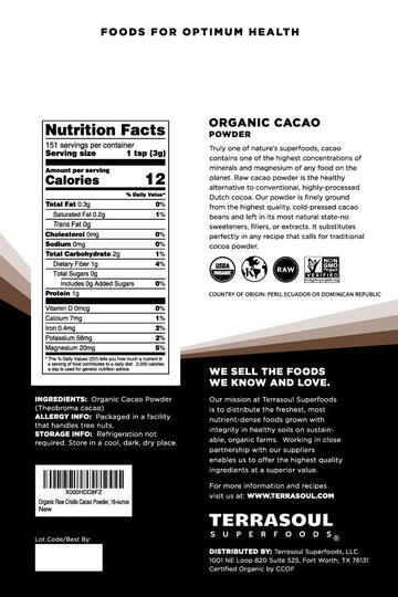 Terrasoul Superfoods Raw Organic Cacao Powder, 16 Oz, Rich Chocolate Goodness For Baking, Smoothies, And Blissful Hot Cocoa