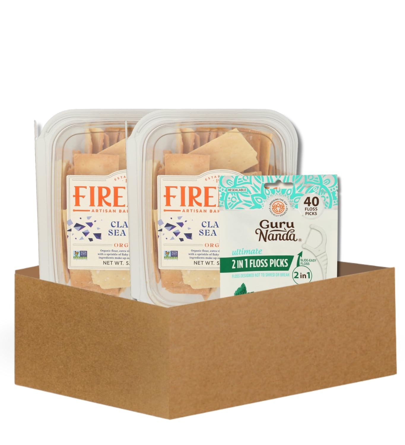 2x Firehook Cracker Sea Salt 5.5 OZ Bundle with Floss Picks Dental - Artisan Baked Crackers with a Light Crunch Paired with Dent