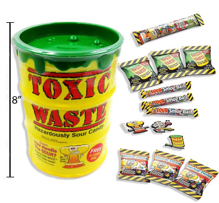 TOXIC WASTE Giant Assorted Sour Candy Bank - 5.86 oz Plastic Container - Yellow Variety