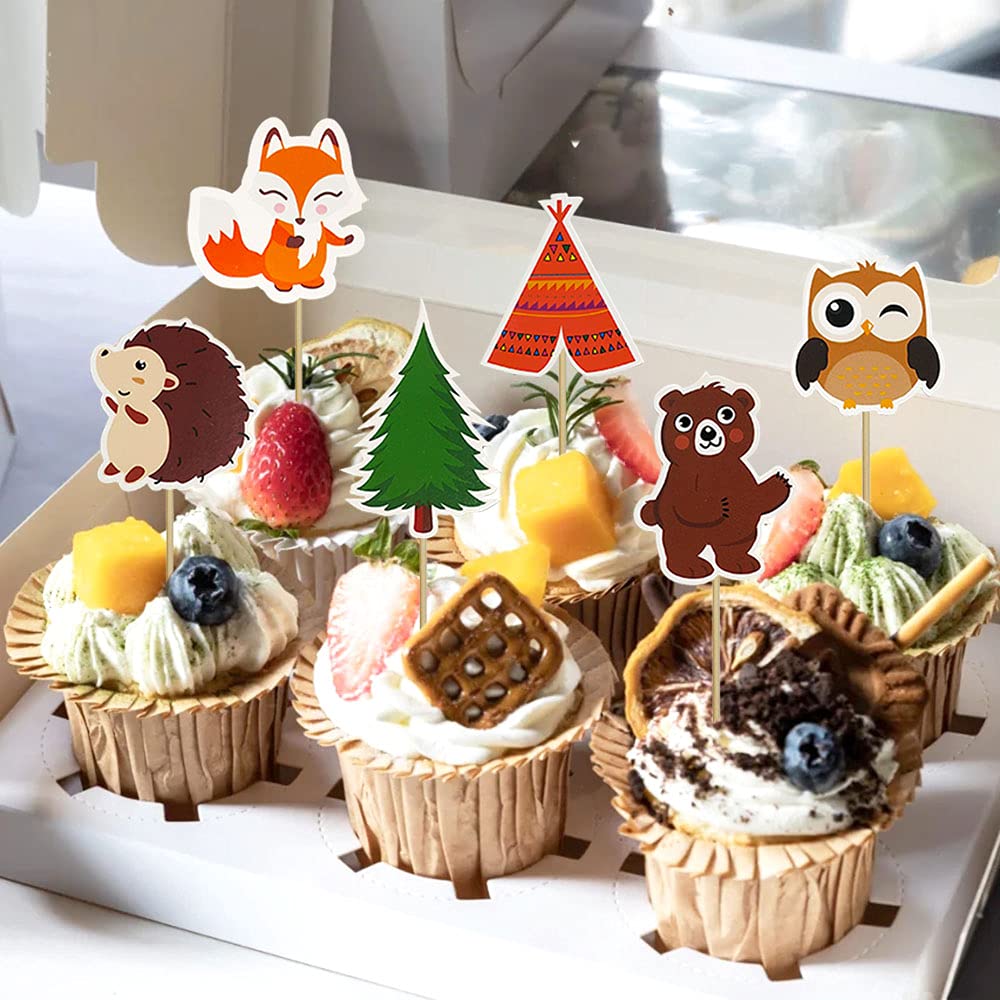 DRWATE 60PCS Woodland Creatures Cupcake Toppers Picks - Cardboard Cake Decorations for Baby Shower, Kids Birthday, Safari Party