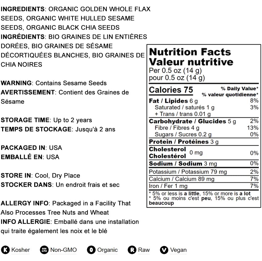 Food To Live Organic Omega-3 Seeds Mix With Flax, Chia And Sesame, 10 Pounds Non-Gmo Whole Seeds, Raw, Kosher, Vegan. Rich In Om