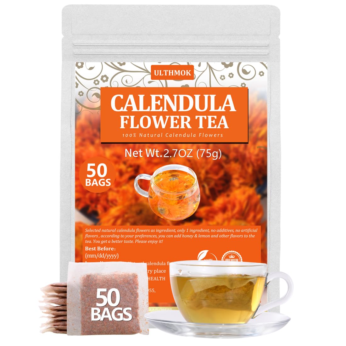 Top-Grade 50 Calendula Flower Tea Bags Made With 100% Natural Calendula Flowers For Skin Health & Support Wellness No Additives & Energy Blend Free.