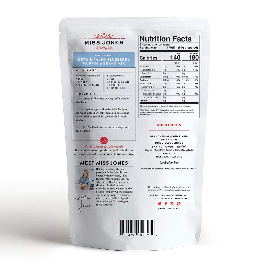 Miss Jones Baking Blueberry Muffin Mix - Almond Flour, Gluten Free, Low Carb, No Sugar Added, Naturally Sweetened Desserts & Tre