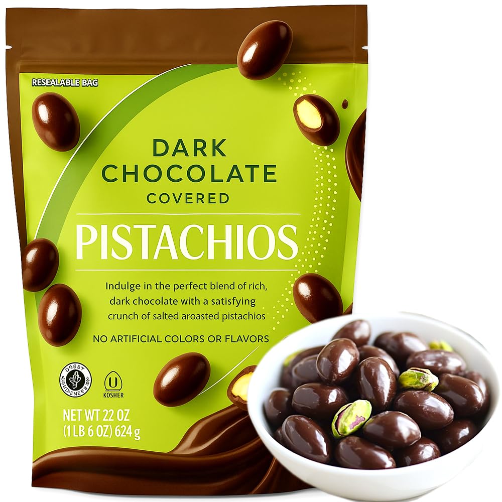 Dark Chocolate Covered Roasted Pistachios 22 Oz Bag | Dubai Style Gourmet Snack Treat - Holiday Gift